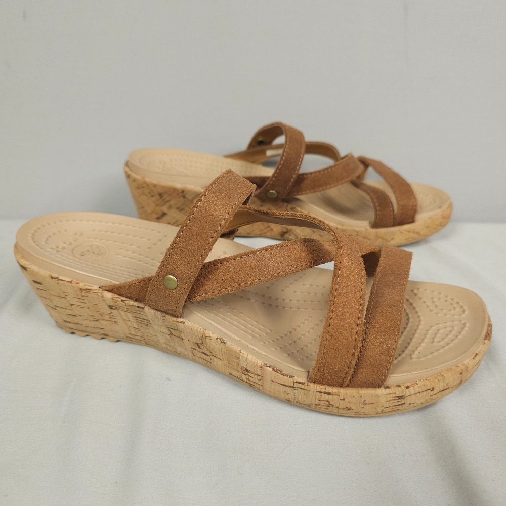 Crocs A-Leigh Wedge Sandals Women Size 9 Brown Leather Cork Strappy Slip On